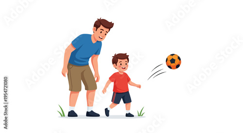 Illustration of a man and a boy playing soccer with a ball on a plain background with a fun and casual mood.