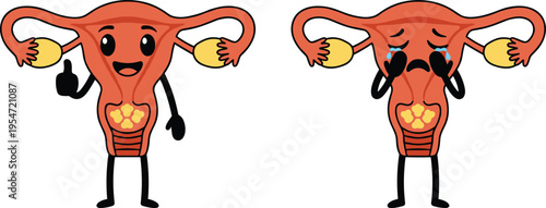 Cartoon Uterus Character Showing Happy Thumbs Up and Crying Sad Emotions Representing Female Reproductive Health Menstrual Cycle Pain Endometriosis and Fertility Awareness Illustration