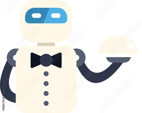 Robot butler wearing a tuxedo and holding a serving platter, representing automated service