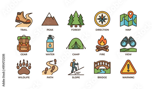 Hiking and camping icons for outdoor adventure exploration