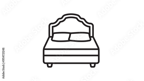 Bed icon with ornate headboard and two pillows for comfortable sleep and relaxation, a simple line drawing representation.