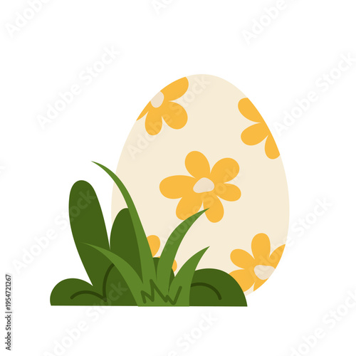 Spring Easter egg decorated flower pattern. Chicken egg in grass. For seasonal greeting cards, packaging and festive design.