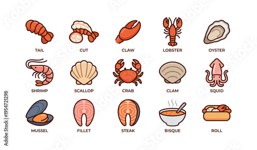 Assorted seafood icons including lobster, oyster, shrimp, scallop, crab, and squid