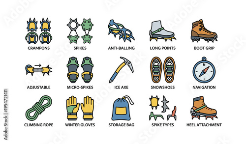 Essential ice climbing gear collection with crampons and navigation tools