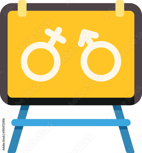 White male and female gender symbols appearing on a yellow board with an easel