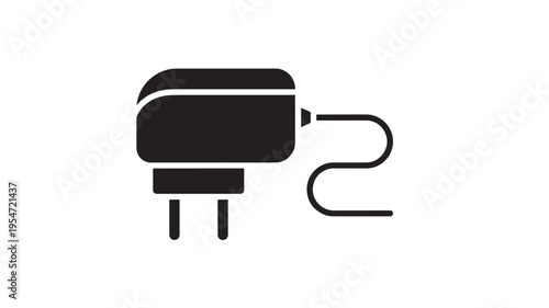 Adapter power plug with curved cord for charging electronic devices and electrical connectivity, simple black icon