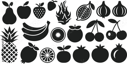 Large set of black fruit silhouettes including pineapple dragon fruit cherry apple and banana isolated on white background for healthy food nature and design.