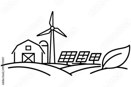 Green Farming Illustration with Barn, Turbine and Solar Panel