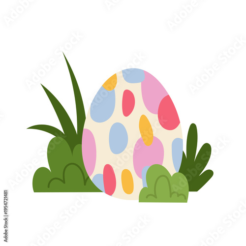 Colorful Easter egg with abstract dots pattern and green grass. Fun spring illustration for kids, holiday decor and creative projects.