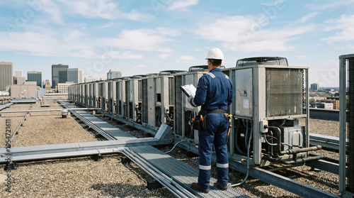 Hvac technician inspecting commercial rooftop air conditioning units