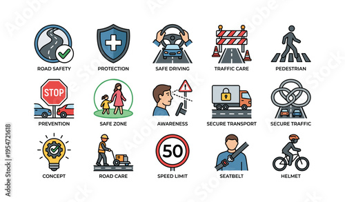 Road safety icons emphasizing traffic care, pedestrian awareness, and protective measures
