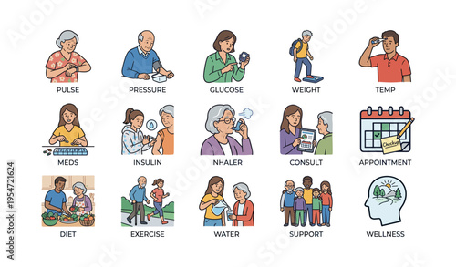Health management icons: diverse adults in wellness activities