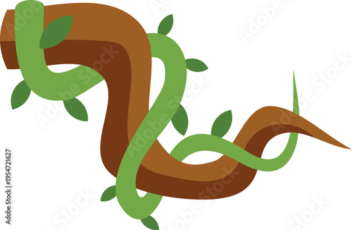 Green liana plant with leaves growing around a brown wooden branch