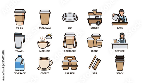 Takeaway coffee and beverage icons: cups, lids, and accessories for portable drinks