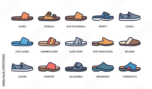 Assorted footwear collection: slides, sandals, slip-on, sporty, casual
