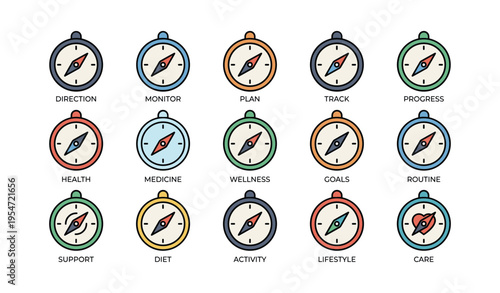 Colorful compasses with words symbolizing health, goals, and lifestyle concepts