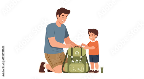 A man and a boy preparing a green backpack together on a white background, with a casual and helpful mood.