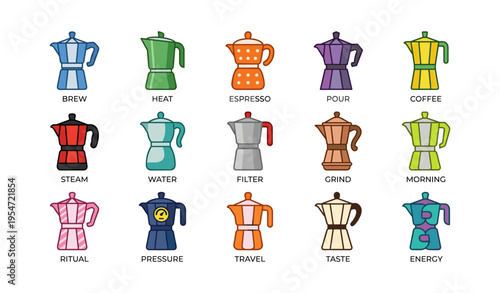 Colorful coffee moka pots illustration featuring different colors and purposes
