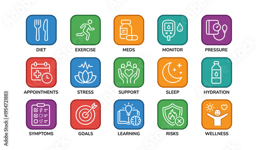 Colorful health and wellness icons depicting diet, exercise, and monitoring in square design