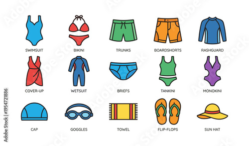 Colorful swimwear collection featuring swimsuits, bikinis, and accessories