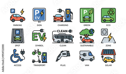 Electric vehicle parking and charging icons for sustainable transport solutions