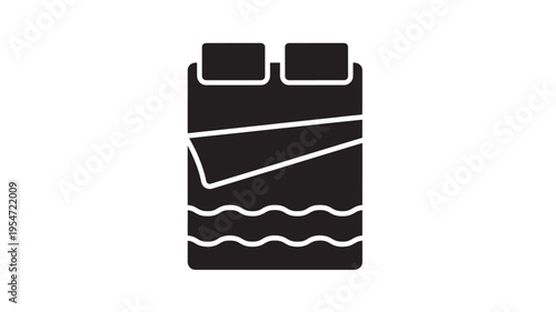 Bed icon with two pillows and a folded blanket, representing rest and sleep. featuring pillow, bedroom, furniture with comfort and domestic elements