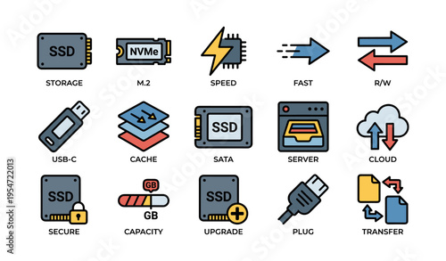Ssd and cloud storage icons featuring nvme, usb-c, and data transfer elements