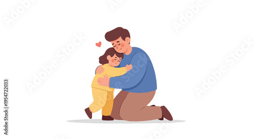 A cartoon illustration of a man kneeling and hugging a little girl with a heart above them on a plain white background with warm colors.