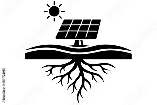 Renewable Energy Growth Symbol with Solar Panel and Roots