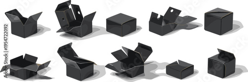 Set of Black Cardboard Box Vector Illustrations Showing Various Open and Closed Angles for E-commerce Packaging Design Unboxing Concepts Shipping Logistics and Delivery Services