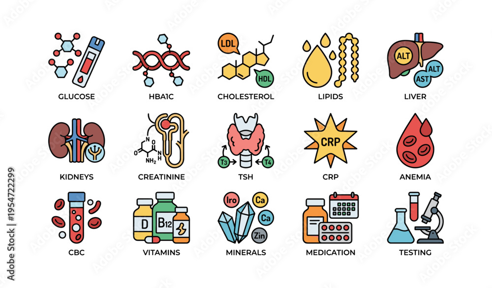 Fototapeta premium Medical icons: cholesterol, lipids, liver, thyroid, anemia, minerals, vitamins, medication