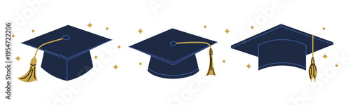 Set graduation caps in different angles. Academic symbols for education design, invitations and graduation celebration materials.