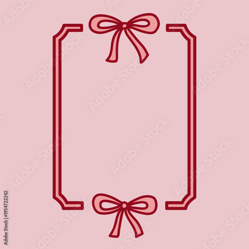 Hand-drawn red decorative frame with bow and ribbons in coquette style. Cute romantic vintage border.Perfect for invitations, cards, stationery, social media and Valentine's Day decorations.