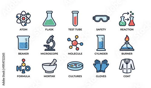 Scientific laboratory equipment icons: atoms, microscope, test tubes, safety goggles, lab coat