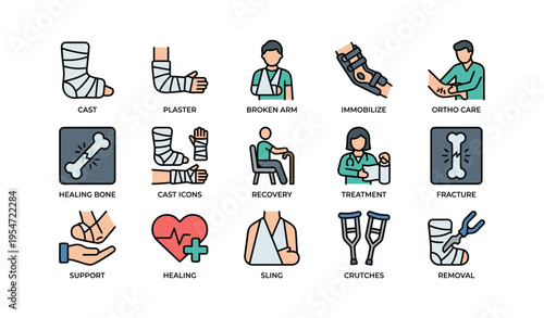 Medical icons: cast, plaster, recovery, treatment, healing