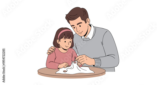 A man and a young girl sitting at a table, engaged in an activity with paper and pencil, conveying a sense of learning and togetherness in a simple, flat illustration style with muted