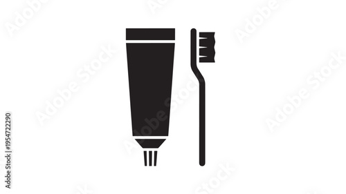 Toothpaste tube icon with a toothbrush, representing oral hygiene and dental care products, with a clean, minimalist design.