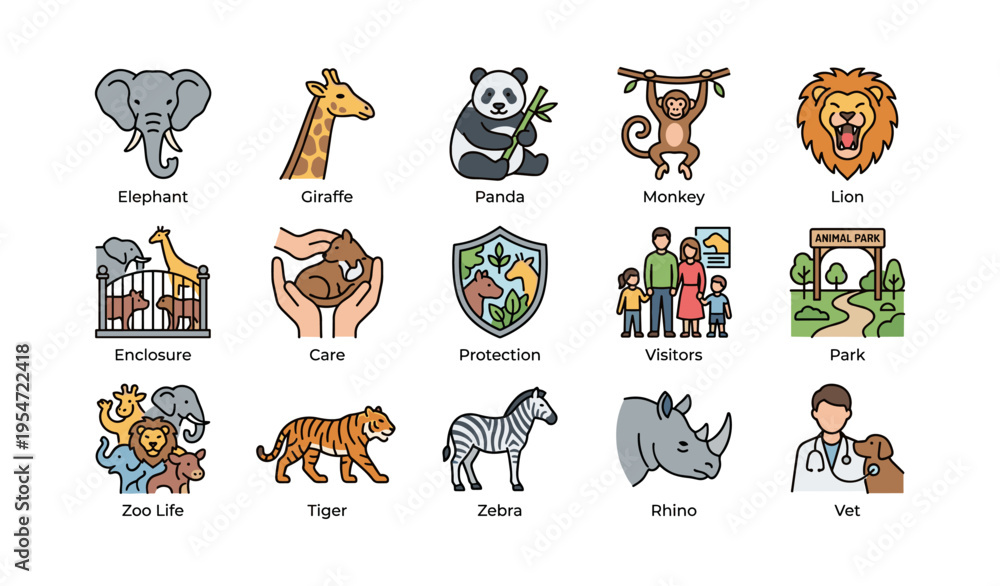 Fototapeta premium Zoo animals and activities: elephant, giraffe, panda, lion, family, veterinarian