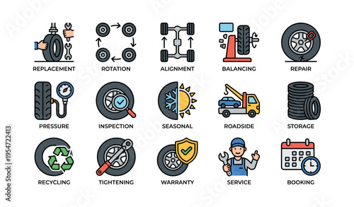 Car maintenance icons: replacement, alignment, repair, warranty, service, seasonal, storage