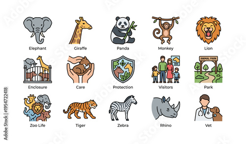 Zoo animals and activities: elephant, giraffe, panda, lion, family, veterinarian