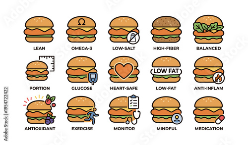Illustrated healthy burger alternatives with health benefits and nutritional information