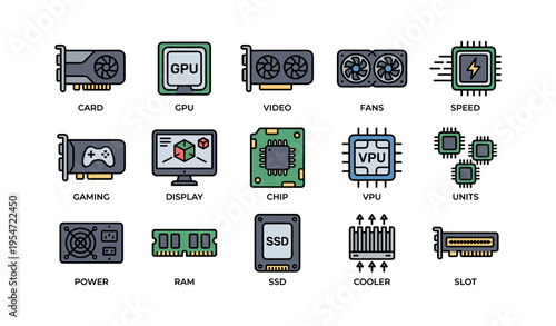Icons of computer components: gpu, video card, fan, chip, ssd, ram for technology enthusiasts