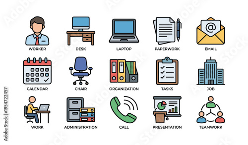 Office icons set featuring male worker and office supplies