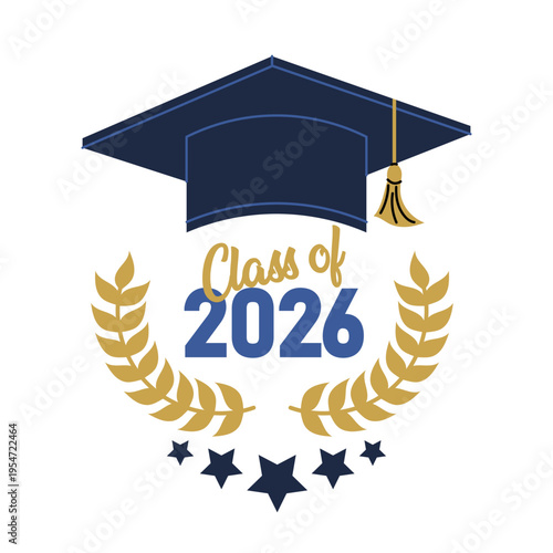 Graduation design with cap and laurel wreath with Class of 2026 text. Ideal for celebration cards, invitations and templates.