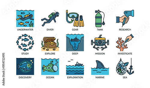 Underwater exploration icons featuring diving gear and marine discoveries