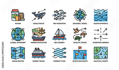 Icons illustrating ocean migration and navigation themes