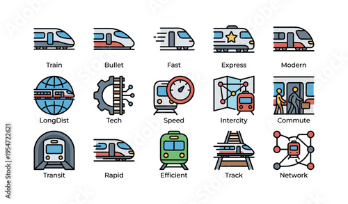 Icon set depicting modern and efficient train transportation systems