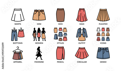 Fashion illustration of various skirt styles and outfit icons for women’s apparel