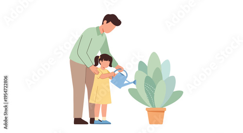 A man and a little girl watering a potted plant with a blue watering can on a white background with a heartwarming mood.