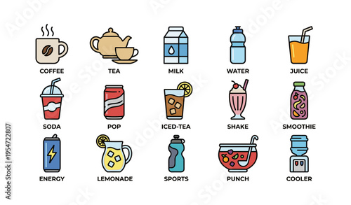 Assorted beverage icons: coffee, tea, milk, water, juice, soda, pop, iced tea, shake, smoothie